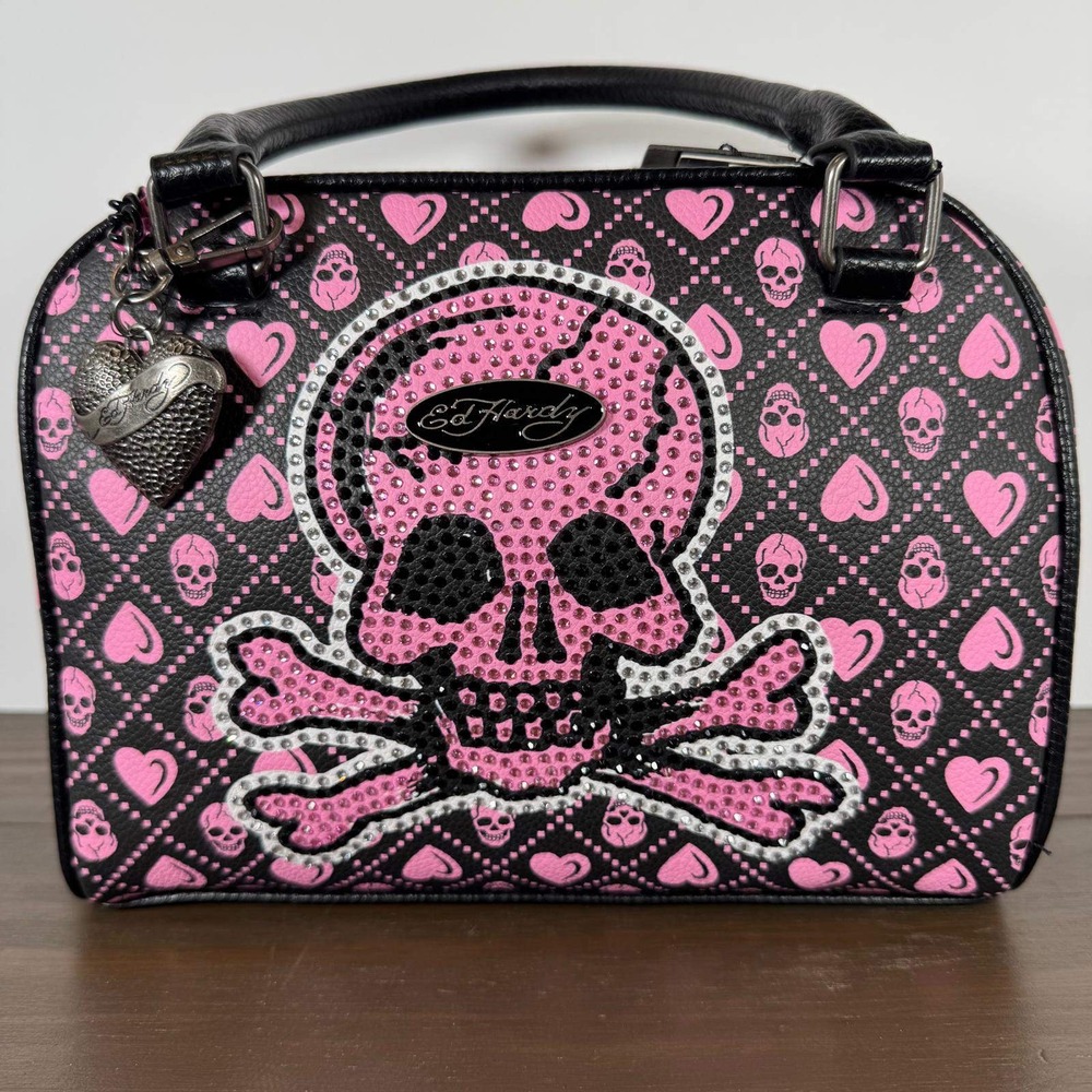 Ed Hardy Satchel Handbag Black Pink Skull Hearts Rhinestone Vegan Leather Purse
